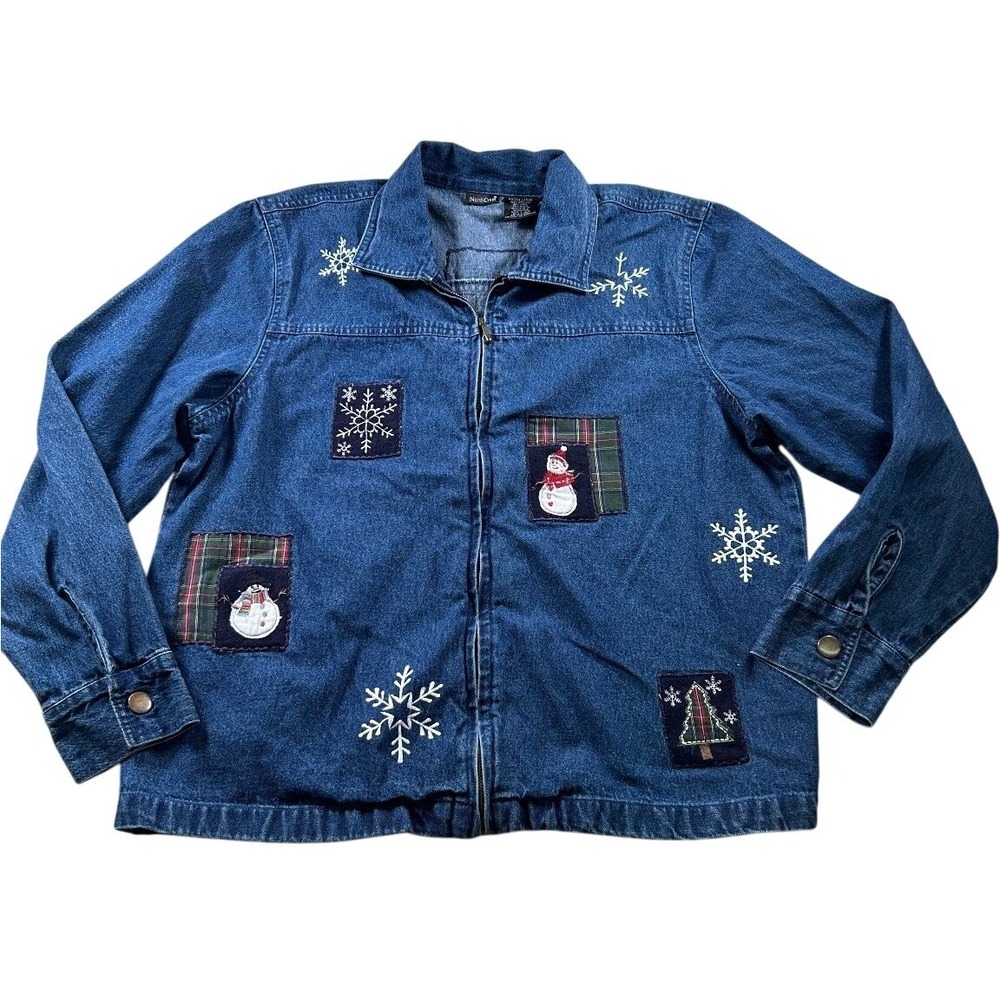 NorthCrest Snowflake Patchwork Denim Jacket XL Blue Festive Christmas Grannycore
